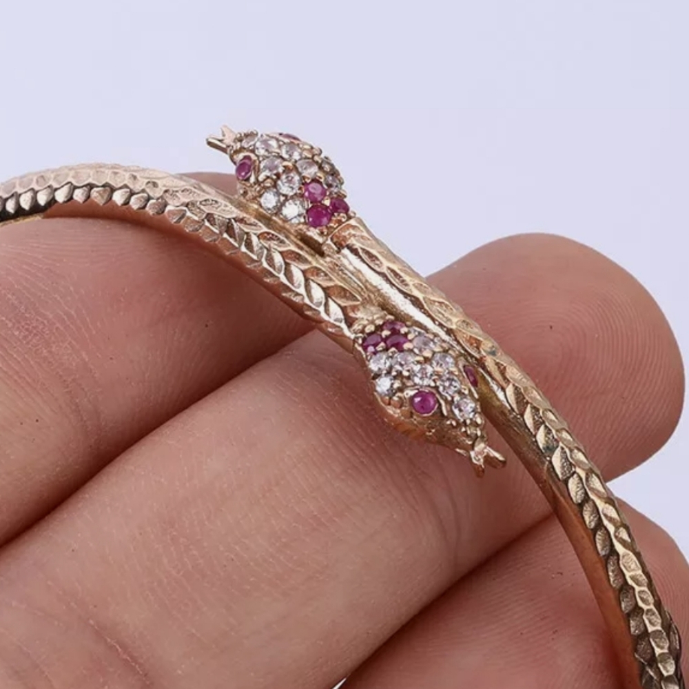 Topaz &Ruby Dual bronze Snake Adjustable .925 sterling Bracelet - Picture 1 of 12